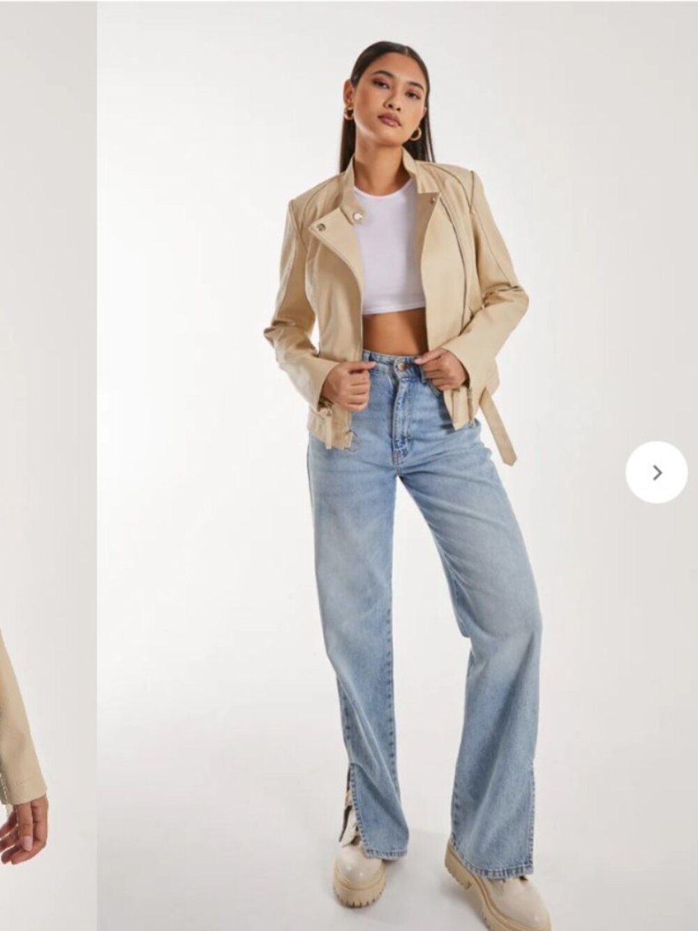 Faux Leather Beige Front Zip Laced Moto Jacket